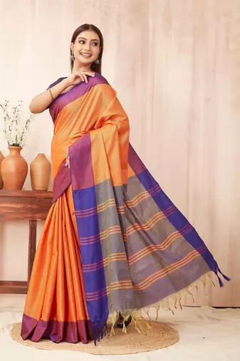 Orange silk blend saree with contrast  blouse