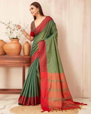 Teal silk blend saree with contrast  blouse 2