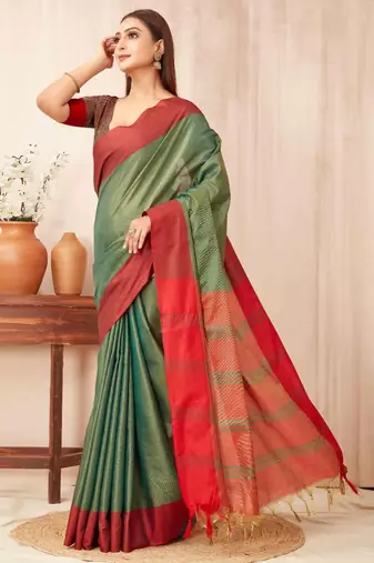Teal silk blend saree with contrast  blouse