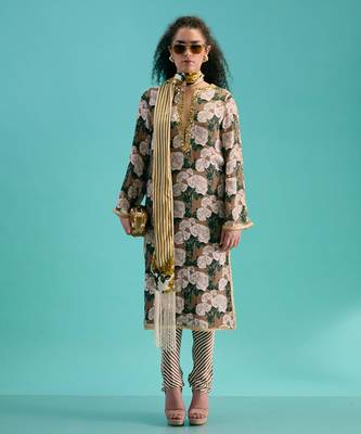 Coffee crepe silk floral printed kurta set 1
