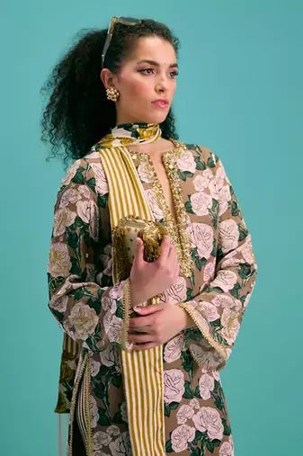 Coffee crepe silk floral printed kurta set