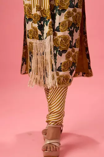 Multicolor silk satin floral printed kurta set