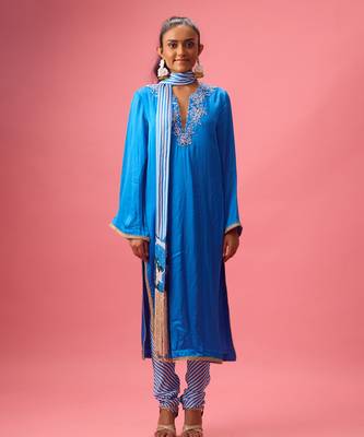 Blue silk satin plain kurta set 1