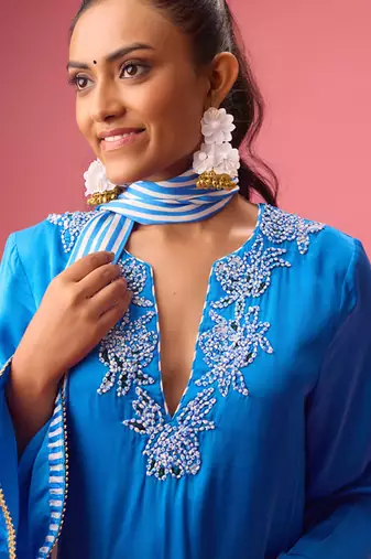 Blue silk satin plain kurta set