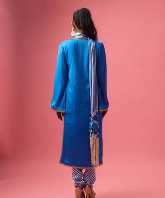 Blue silk satin plain kurta set 3