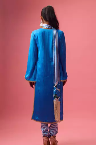 Blue silk satin plain kurta set