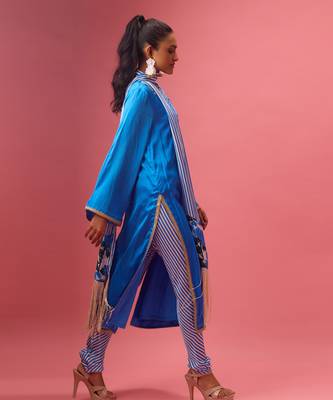 Blue silk satin plain kurta set 4