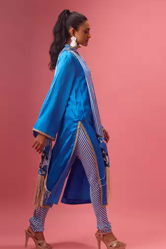 Blue silk satin plain kurta set