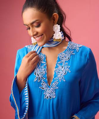 Blue silk satin plain kurta set 5