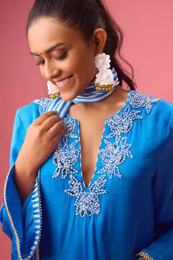 Blue silk satin plain kurta set