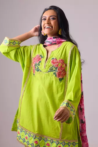 Lime cambric floral printed kurta set