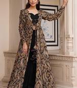 Black digital print faux georgette Palazzo suit set with crop top & shrug stitched