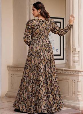 Black digital print faux georgette Palazzo suit set with crop top & shrug stitched 3