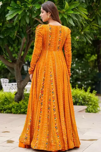 Orange digital print faux georgette Palazzo suit set with crop top & shrug stitched