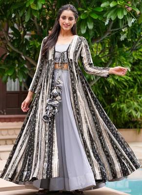 Light grey digital print faux georgette Palazzo suit set with crop top & shrug stitched 1