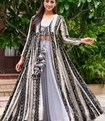 Light grey digital print faux georgette Palazzo suit set with crop top & shrug stitched