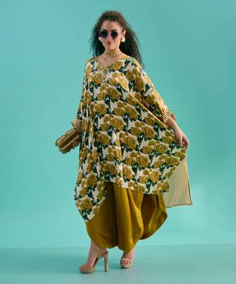 Green silk satin floral printed kaftan 1