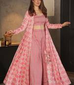 Pink digital print rayon Palazzo suit set with crop top & shrug stitched