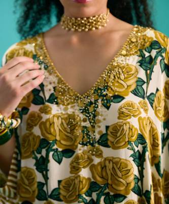 Green silk satin floral printed kaftan 2