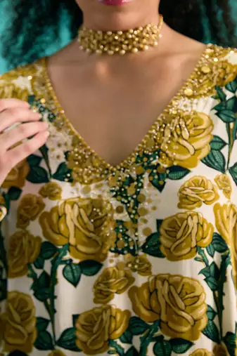 Green silk satin floral printed kaftan