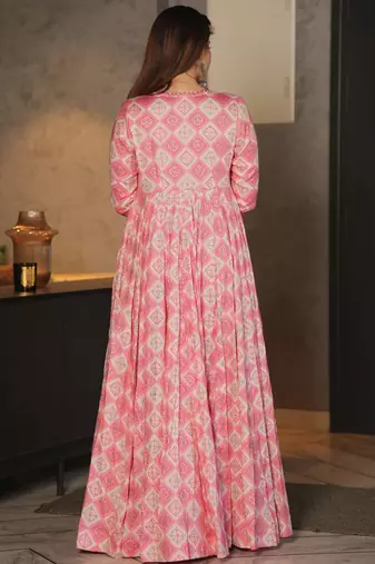 Pink digital print rayon Palazzo suit set with crop top & shrug stitched