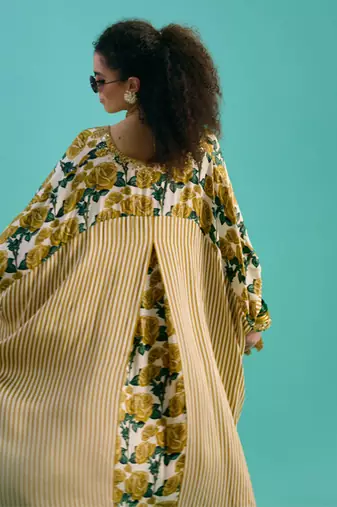 Green silk satin floral printed kaftan
