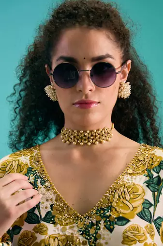 Green silk satin floral printed kaftan