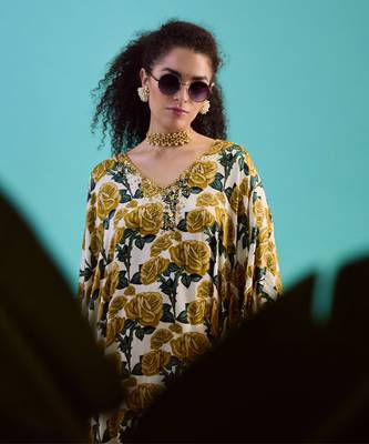 Green silk satin floral printed kaftan 5