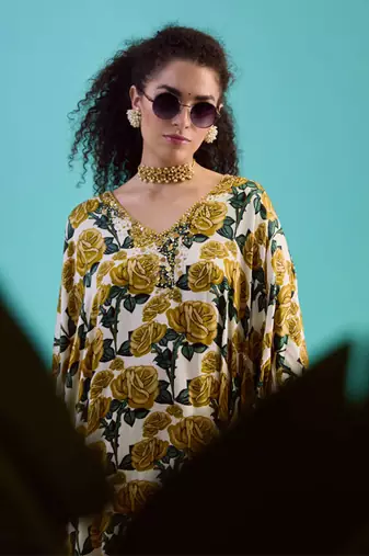 Green silk satin floral printed kaftan