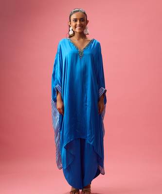 Blue silk satin plain kaftan 1