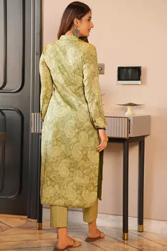 Olive green printed muslin salwar-kameez