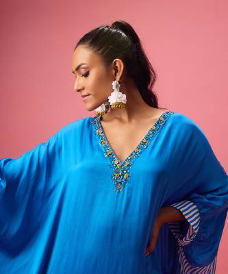 Blue silk satin plain kaftan 3