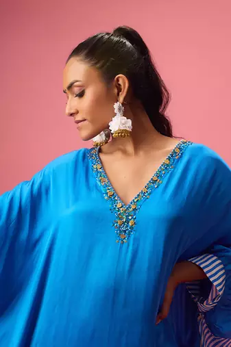 Blue silk satin plain kaftan