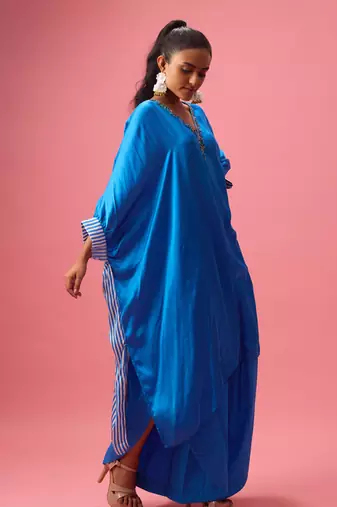 Blue silk satin plain kaftan
