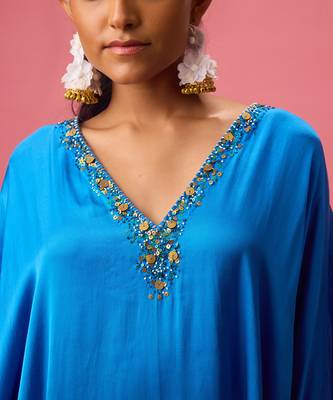 Blue silk satin plain kaftan 5