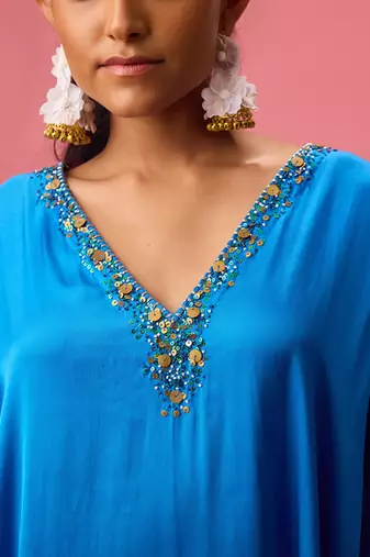 Blue silk satin plain kaftan