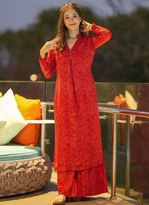 Red printed muslin salwar-kameez 2