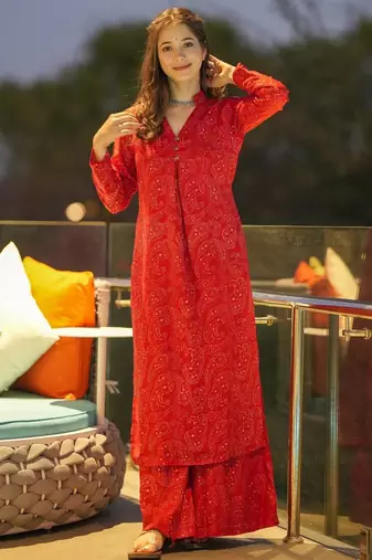 Red printed muslin salwar-kameez