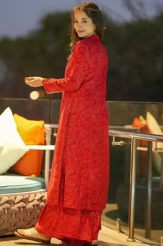 Red printed muslin salwar-kameez
