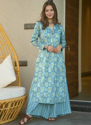 Sky blue printed muslin salwar-kameez 1