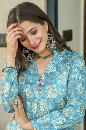 Sky blue printed muslin salwar-kameez