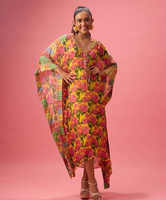 Yellow floral printed georgette kaftan 1