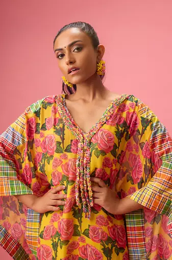 Yellow floral printed georgette kaftan