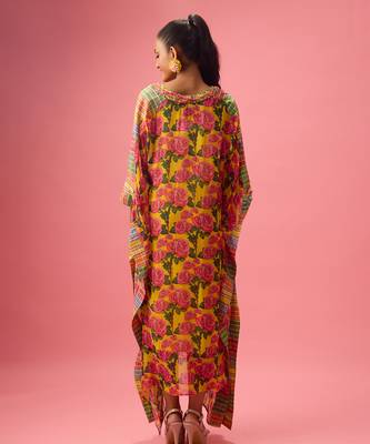 Yellow floral printed georgette kaftan 3