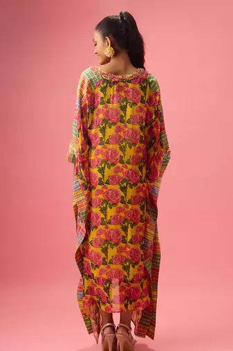 Yellow floral printed georgette kaftan
