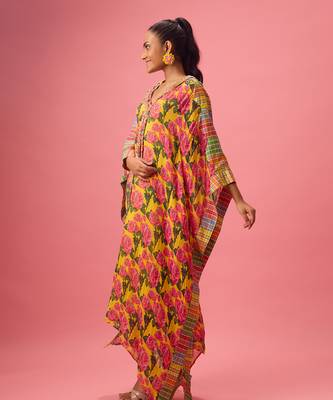 Yellow floral printed georgette kaftan 4