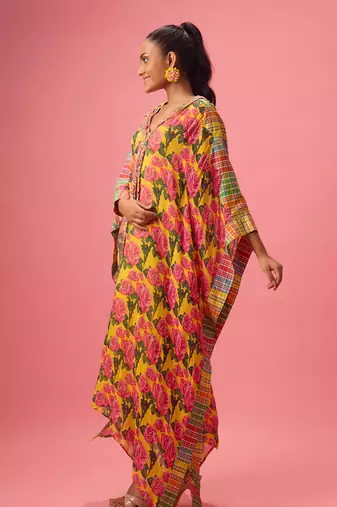 Yellow floral printed georgette kaftan