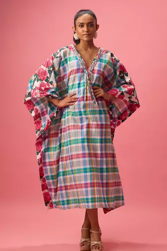 Blue cotton floral printed kaftan