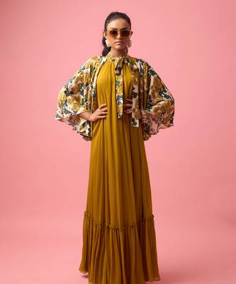 Mustard silk satin plain long dreess 1