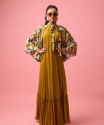 Mustard silk satin plain long dreess 2